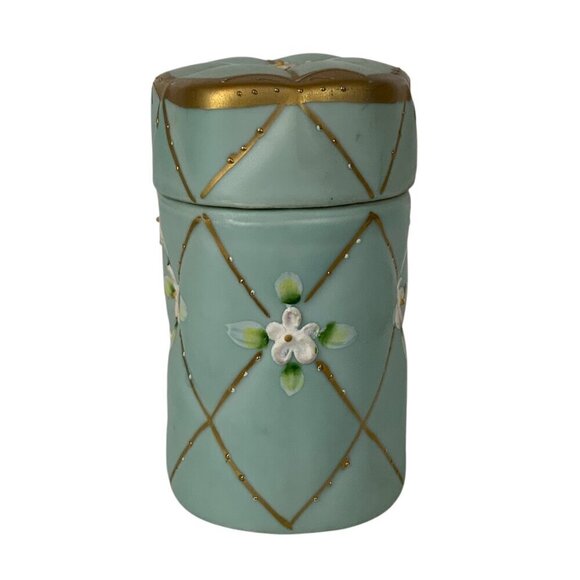 Vintage Vanity Hidden Lint Brush in Ceramic Box With Floral Design Gold Accents - Picture 3 of 7